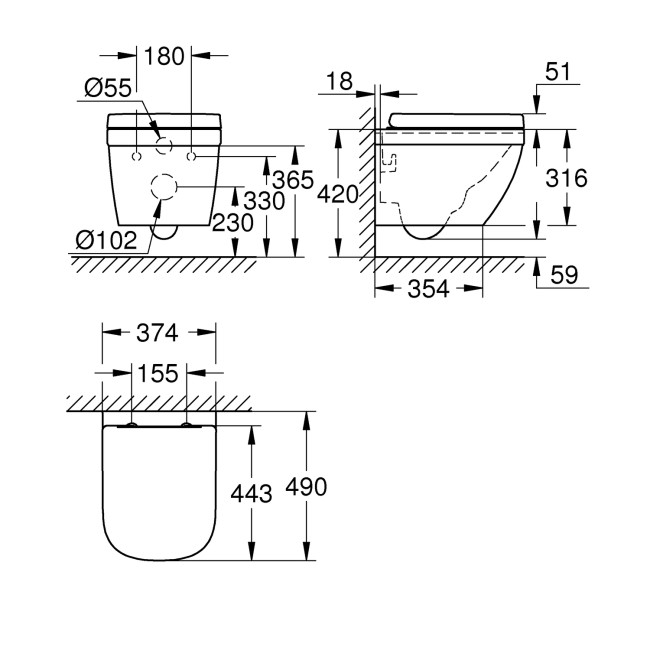 Wall Hung Rimless Short Projection Toilet with Soft Close Seat - Grohe Euro