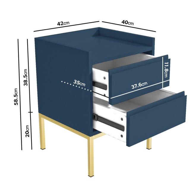 Navy Blue Modern 2 Drawer Bedside Table with Legs - Zion