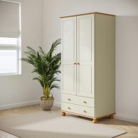 Cream and Pine Painted 2 Door Double Wardrobe with Drawers - Hamilton