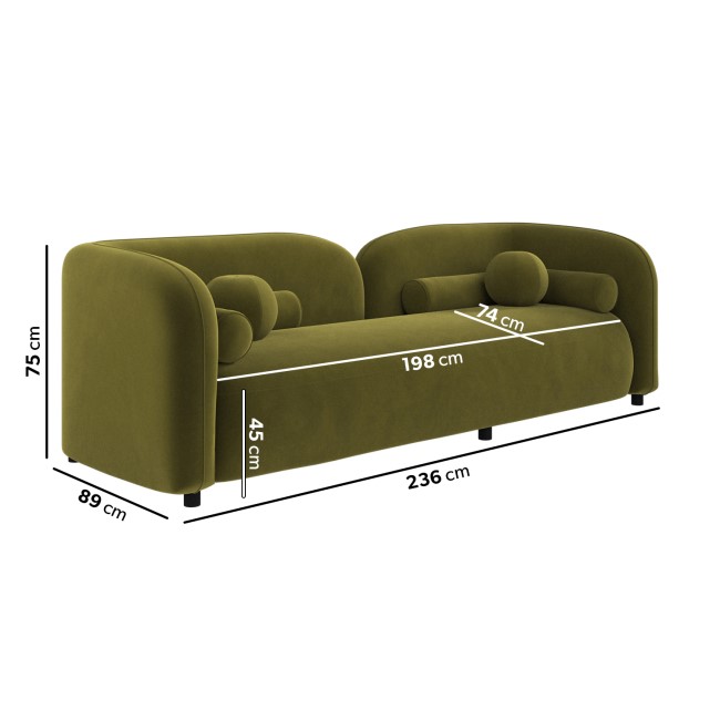 Olive Green Velvet Curved 3 Seater Cloud Sofa - Elma