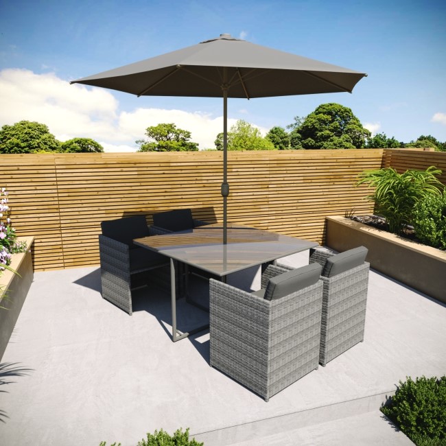 4 Seater Dark Grey Rattan Cube Garden Dining Set - Parasol Included - Fortrose