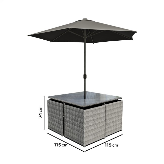 4 Seater Dark Grey Rattan Cube Garden Dining Set - Parasol Included - Fortrose