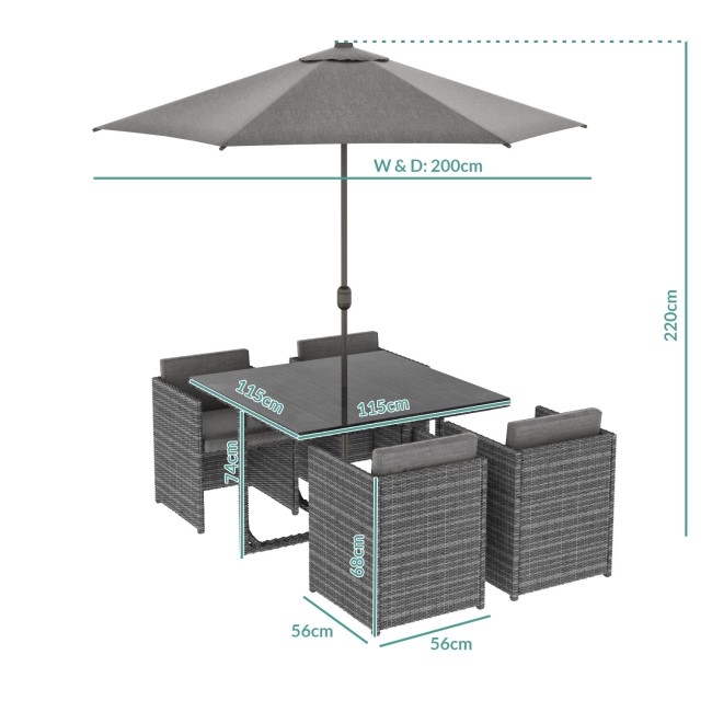 4 Seater Dark Grey Rattan Cube Garden Dining Set - Parasol Included - Fortrose