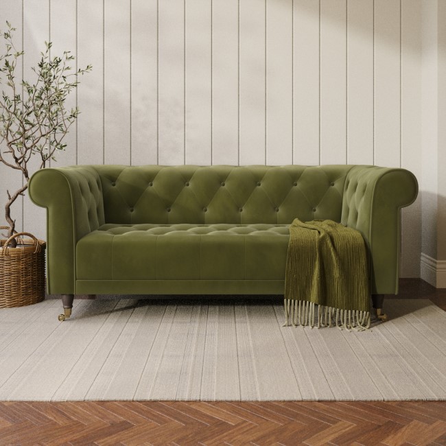 Olive Green Velvet Chesterfield 3 Seater Sofa - Ophelia