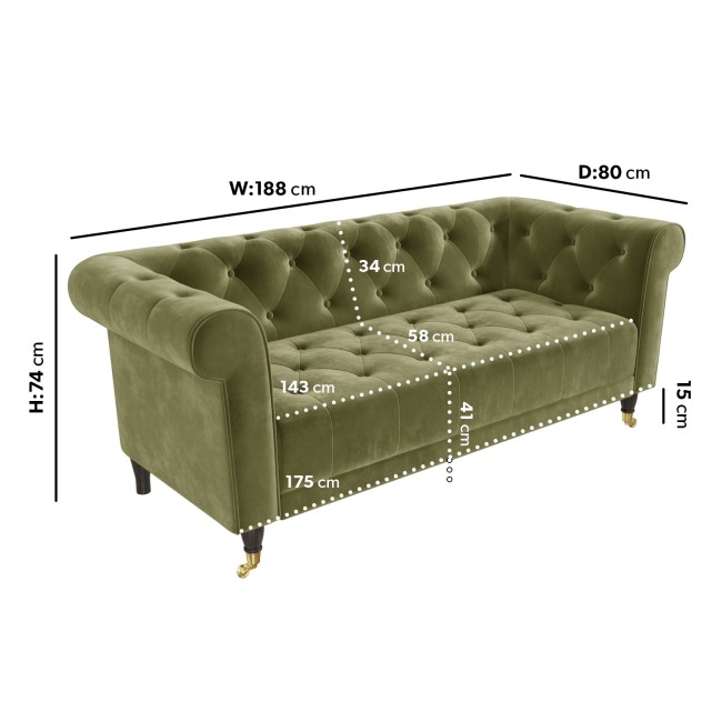 Olive Green Velvet Chesterfield 3 Seater Sofa - Ophelia