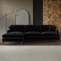 Black Velvet Left Hand Facing Corner 4 Seater Sofa - Payton