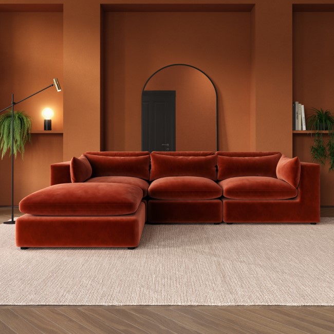 Large Burnt Orange Velvet Reversible 4-Seater Corner Sofa - Hudson