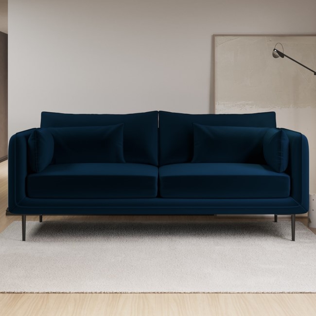 Navy Velvet 3 Seater Sofa with Square Arms- Lenny