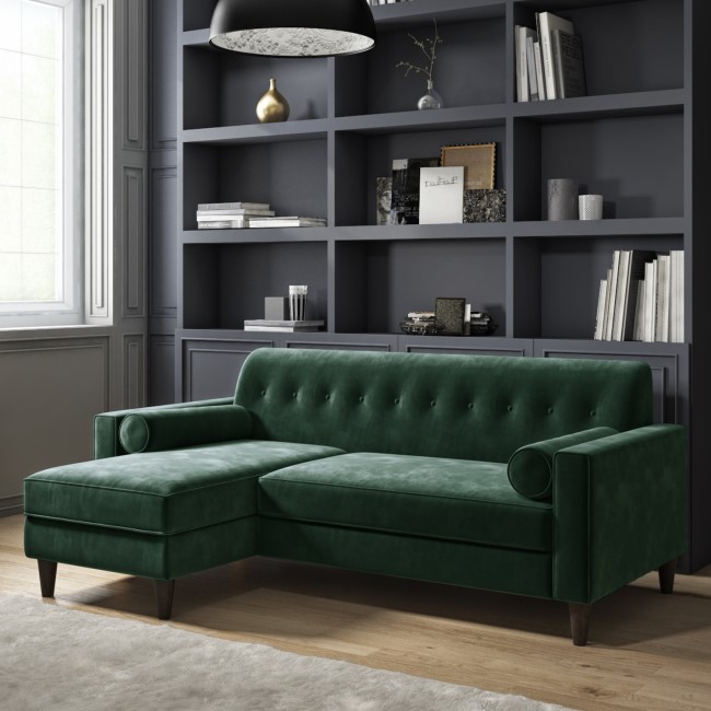 Green Velvet Left Hand 3 Seater Small Corner Sofa - Idris