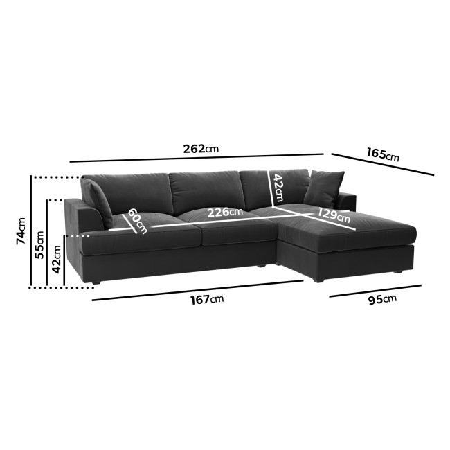 Dark Grey Velvet Right Hand 4 Seater Corner Sofa - August