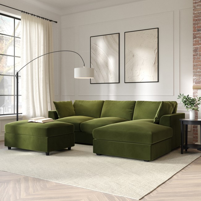 Olive Green Velvet Right Hand 4 Seater Corner Sofa - August