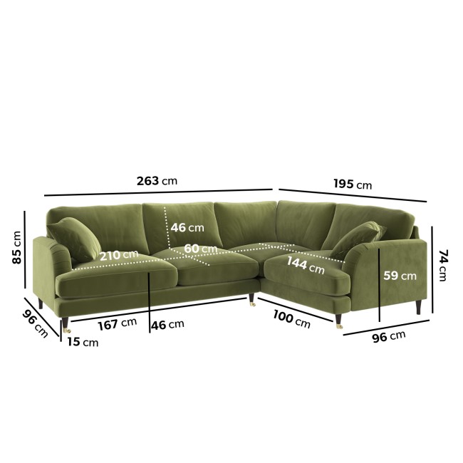 Olive Green Velvet 4 Seater Right Hand Corner Sofa - Payton