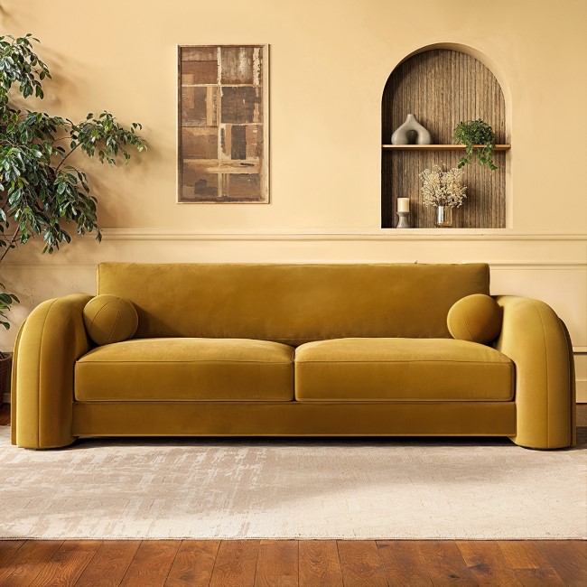 Mustard Velvet Curved 3 Seater Sofa - Aurelia