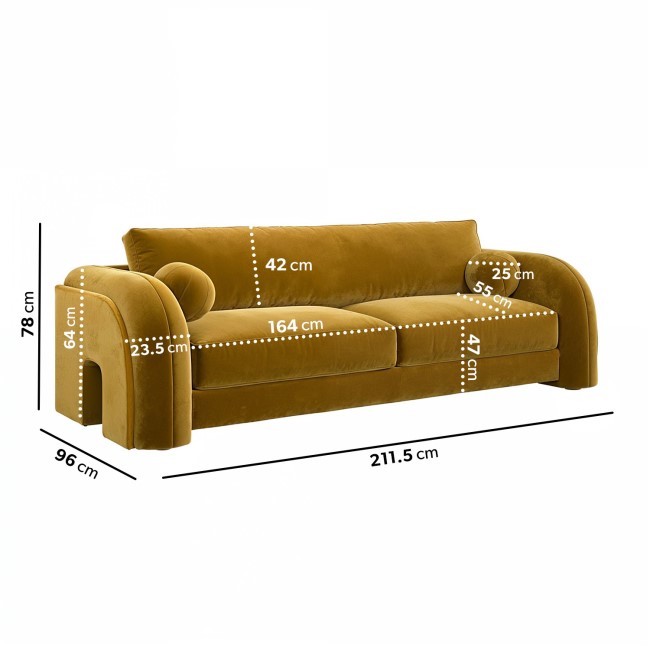 Mustard Velvet Curved 3 Seater Sofa - Aurelia