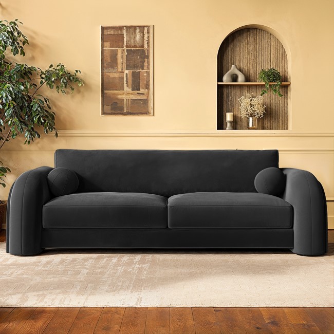 Dark Grey Velvet Curved 3 Seater Sofa - Aurelia