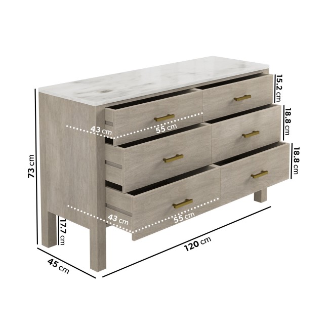 Wide Solid Wood  Marble Top Chest of 6 Drawers - Alessio