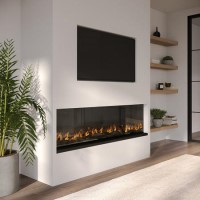 50 Inch Black Inset Electric Media Wall Fireplace with Glass Configurated Front and Sides - AmberGlo