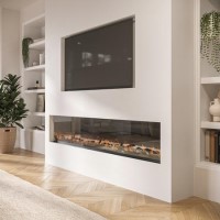 Black 70 Inch Inset Media Wall Electric Fireplace with Glass Configurated Front and Sides - AmberGlo