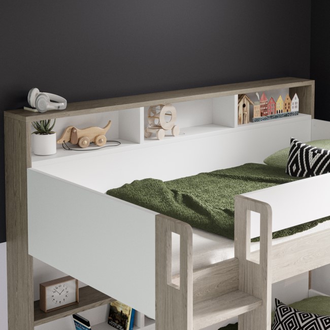 White and Oak Bunk Bed with Storage Shelves - Aire