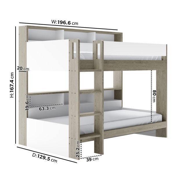 White and Oak Bunk Bed with Storage Shelves - Aire