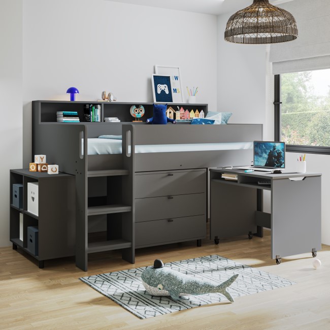 Dark Grey Mid Sleeper Cabin Bed with Desk and Storage - Aire