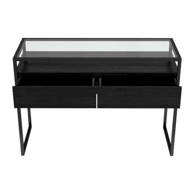 Large Black Glass Top Console Table with Drawers & Black Legs - Akila