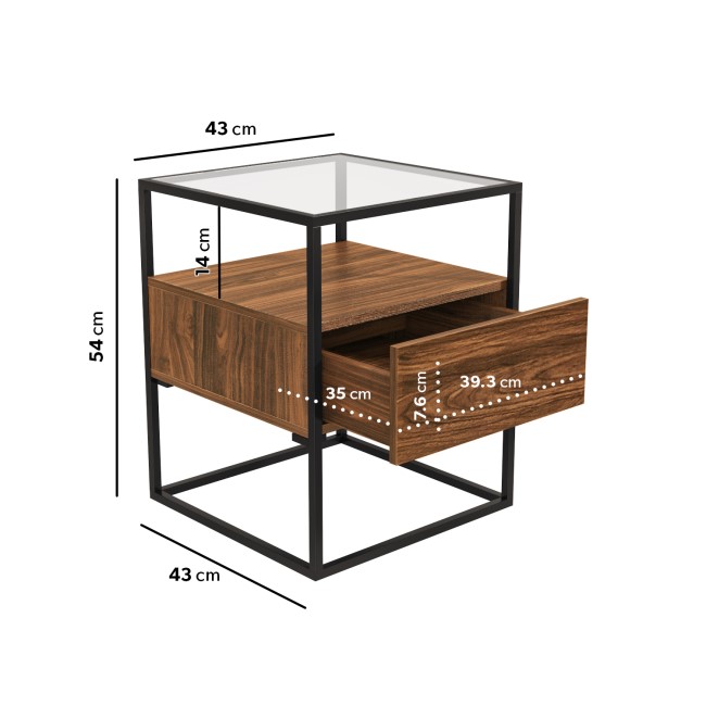 Square Walnut and Glass Top Side Table with Storage - Akila