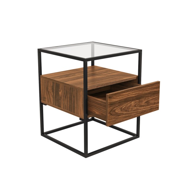 Square Walnut and Glass Top Side Table with Storage - Akila