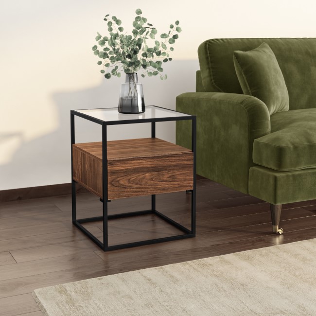 Square Walnut and Glass Top Side Table with Storage - Akila