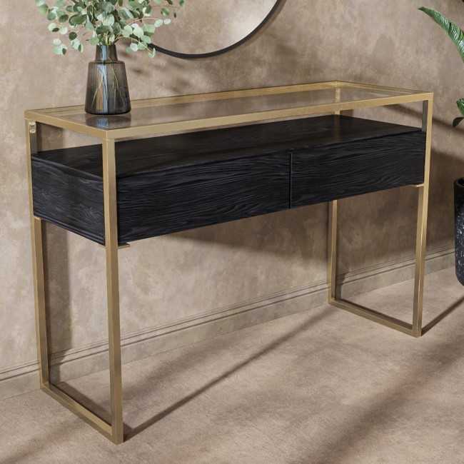 Large Black Glass Top Console Table with Drawers & Gold Legs- Akila