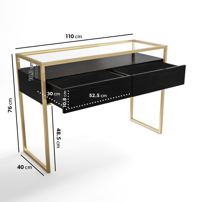 Large Black Glass Top Console Table with Drawers & Gold Legs- Akila