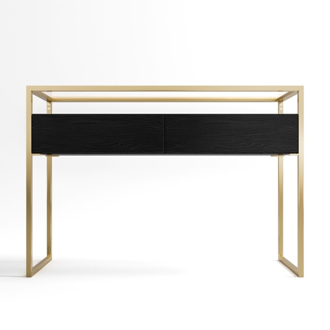 Large Black Glass Top Console Table with Drawers & Gold Legs- Akila