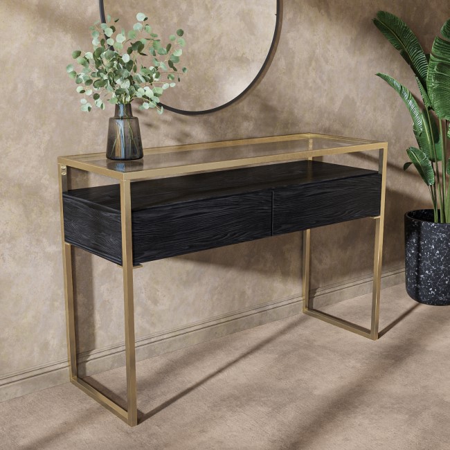 Large Black Glass Top Console Table with Drawers & Gold Legs- Akila