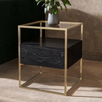 Square Black and Gold Glass Top Side Table with Storage - Akila