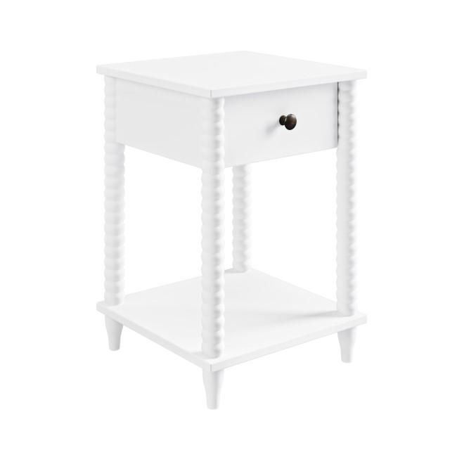 White Bobbin Bedside Table with Drawer and Shelf - Alma