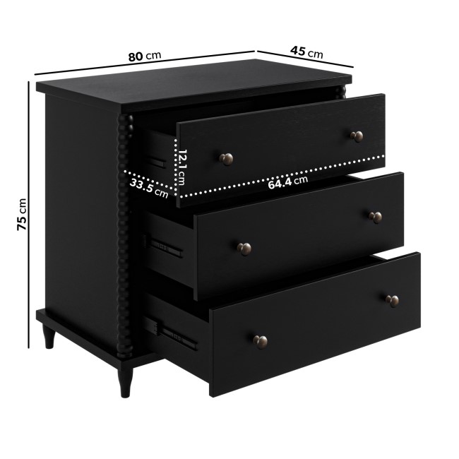 Black Bobbin Chest of 3 Drawers - Alma