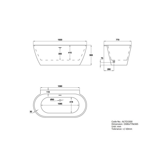 Freestanding Double Ended Back to Wall Bath 1500 x 770mm - Alto