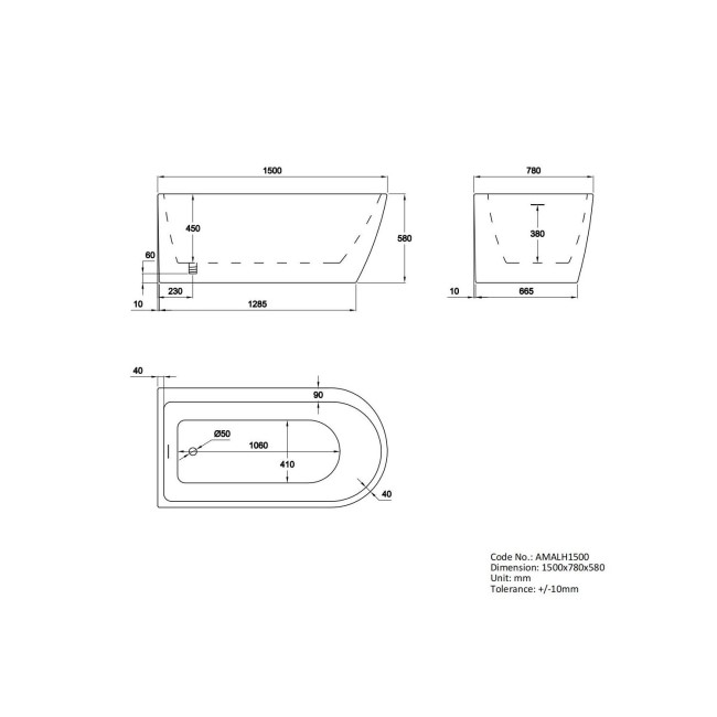 Freestanding Single Ended Left Hand Corner Bath 1500 x 800mm - Amaro