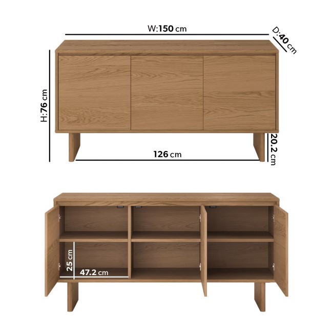 Large Rustic Oak Sideboard - 3 Doors - 150cm - Mia