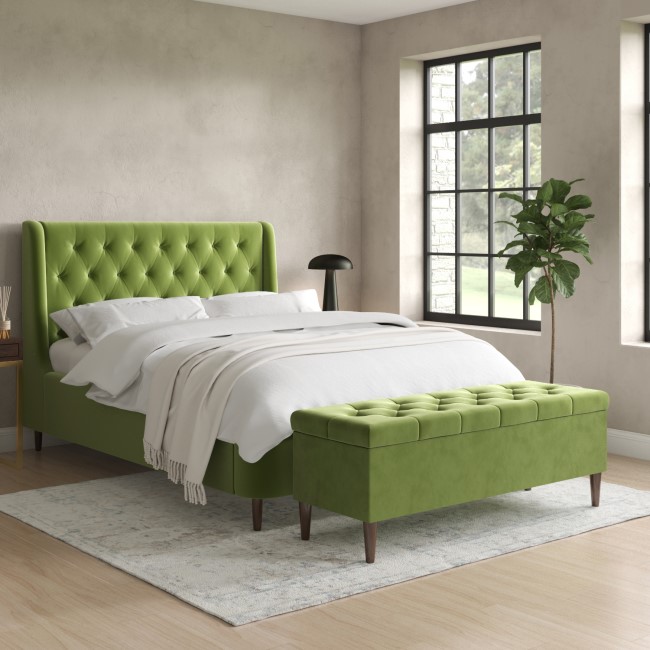 Olive Green Velvet Double Ottoman Bed with Legs - Amara