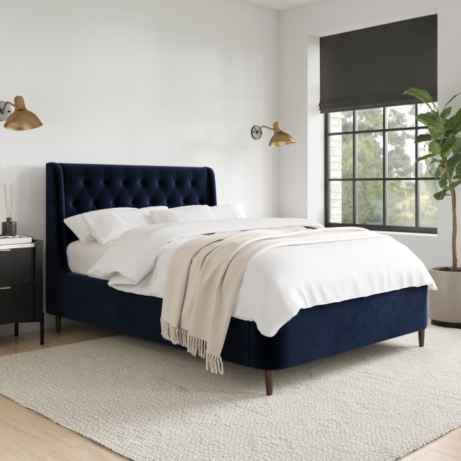 Navy Velvet King Size Ottoman Bed With Legs - Amara