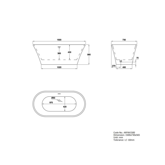 Freestanding Double Ended Bath 1500 x 730mm - Arya