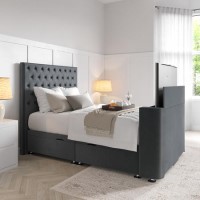 King Size TV Ottoman Bed in Grey Velvet with Chesterfield Headboard - Avery