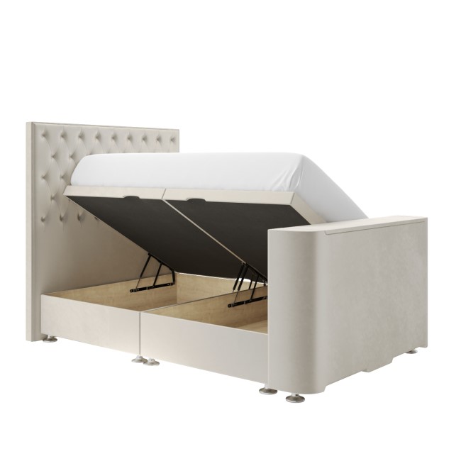 King Size TV Ottoman Bed in Cream Velvet with Chesterfield Headboard - Avery