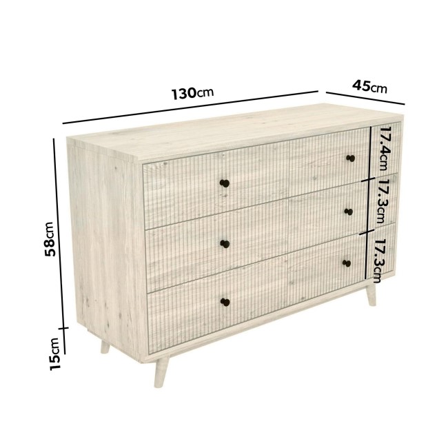 Wide Cream Limewash Chest of 6 Drawers with Legs - Beau