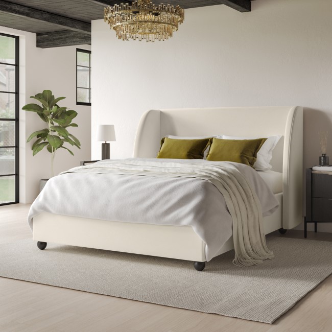 Off-White Velvet Double Ottoman Bed - Bergamo