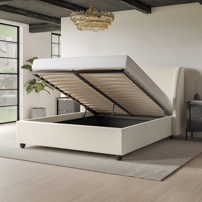 Off-White Velvet King Size Ottoman Bed - Bergamo