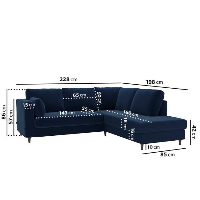 Navy Blue Velvet Right Hand Corner Sofa Bed with Storage - Seats 4 - Boe