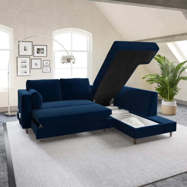 Navy Blue Velvet Right Hand Corner Sofa Bed with Storage - Seats 4 - Boe