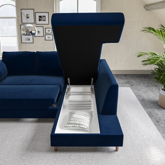 Navy Blue Velvet Right Hand Corner Sofa Bed with Storage - Seats 4 - Boe